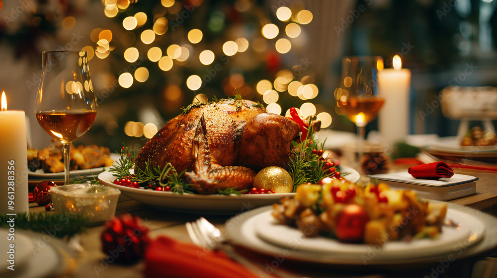 Close up of a Thanksgiving turkey on a table with Christmas decorations in the evening. Template background for the Thanksgiving seasonal celebration. Close up of a Thanksgiving turkey on a table with Christmas decorations in the evening. Template background for the Thanksgiving seasonal celebration.