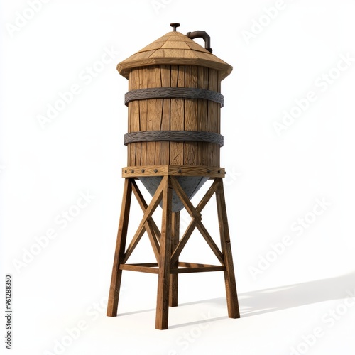 3D Render of a Western water tower with wooden supports and a spout, on isolated white background