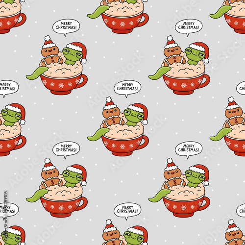 Seamless pattern with green snake in Santa hat and gingerbread man cookie in mug with winter holiday spiced drink. Xmas festive print with cartoon characters for packaging, home decor