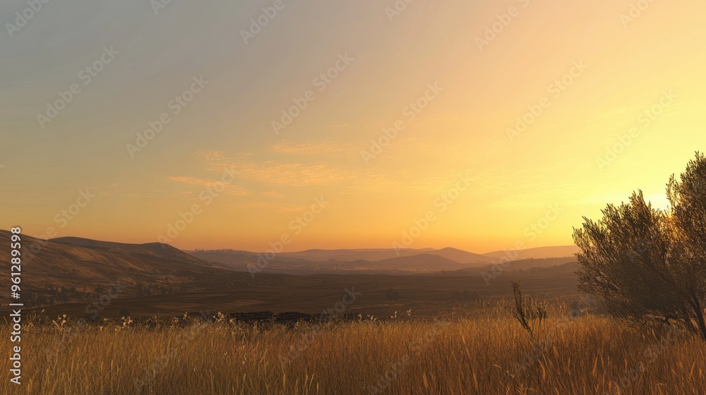 A clear sky during sunset, with a warm golden glow spreading across a tranquil landscape. A clear sky during sunset, with a warm golden glow spreading across a tranquil landscape.