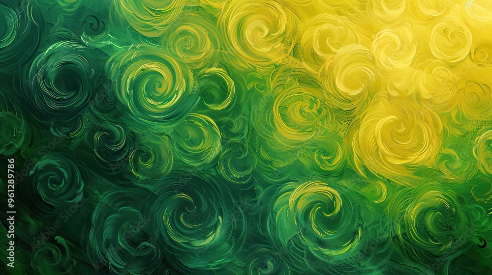 Backdrop with dynamic green and yellow swirls creating a lively Post-Impressionist look with rough textures