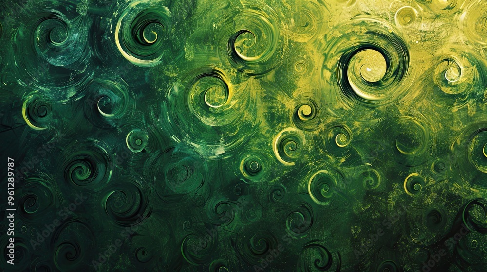 Swirling green and yellow patterns with rough textures create a dynamic Post-Impressionist backdrop Swirling green and yellow patterns with rough textures create a dynamic Post-Impressionist backdrop