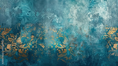 Fototapeta Naklejka Na Ścianę i Meble -  Post-Impressionist wallpaper with turquoise and gold patterns featuring soft gradients and blurred textures