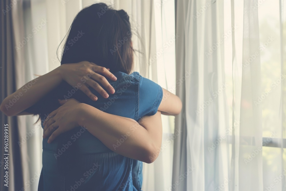 Heartfelt embrace between a sad daughter and her mother at home during a moment of sorrow and connection in their shared space Heartfelt embrace between a sad daughter and her mother at home during a moment of sorrow and connection in their shared space