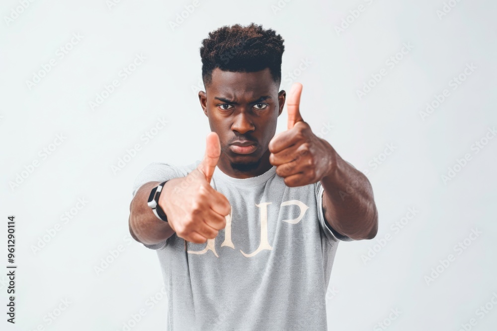 Disappointed young man expressing negativity with a thumbs down gesture against a neutral white backdrop Disappointed young man expressing negativity with a thumbs down gesture against a neutral white backdrop