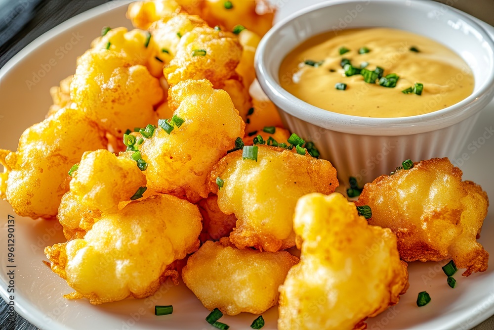 A plate of golden, crispy cheese puffs served with a creamy dipping sauce. A plate of golden, crispy cheese puffs served with a creamy dipping sauce.