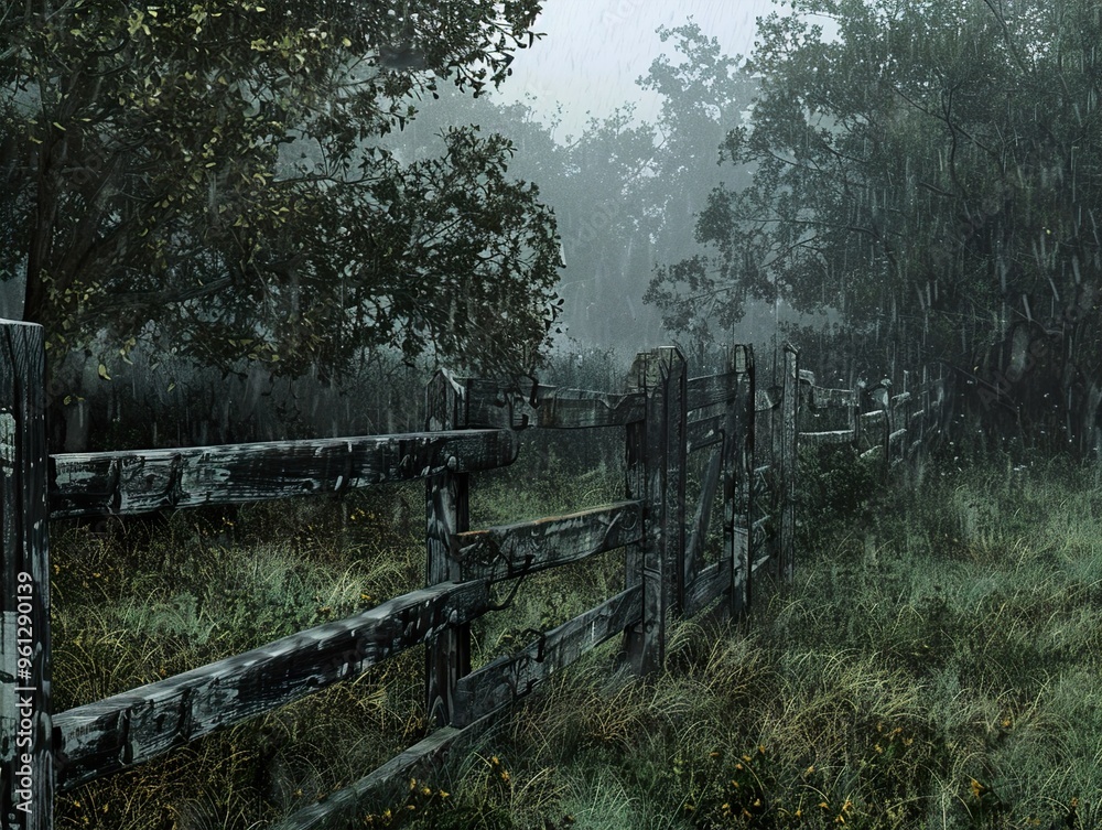Fototapeta premium A wooden fence runs through a misty forest, leading to a mysterious gate.