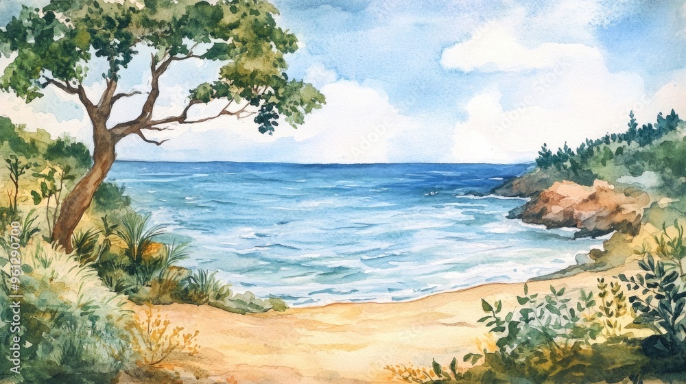 Serene Coastal Landscape: A Tranquil Watercolor of Nature's Beauty by the Ocean Serene Coastal Landscape: A Tranquil Watercolor of Nature's Beauty by the Ocean
