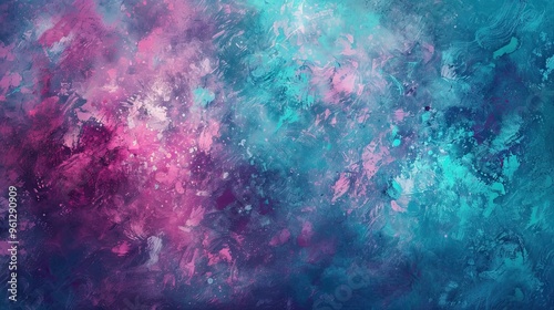 Post-Impressionist backdrop with turquoise and magenta splatters creating a playful textured look