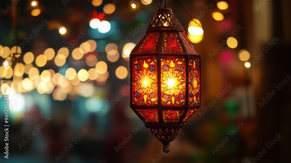 Glowing Lantern Hanging in Christmas Festival with Colorful Lights Glowing Lantern Hanging in Christmas Festival with Colorful Lights