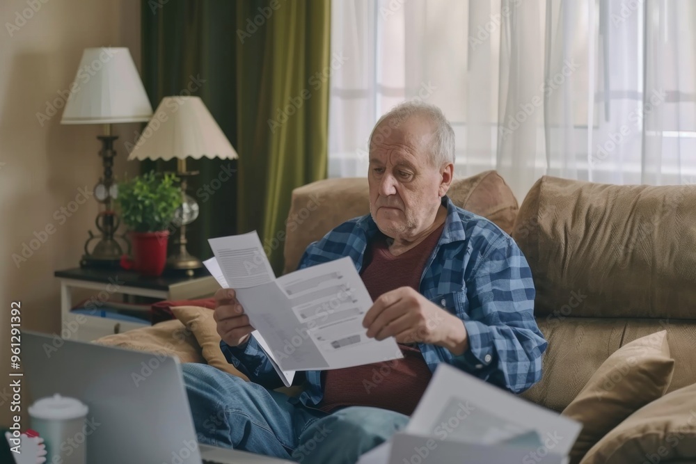Senior man reviewing bills while relaxing in a cozy living room during retirement Senior man reviewing bills while relaxing in a cozy living room during retirement