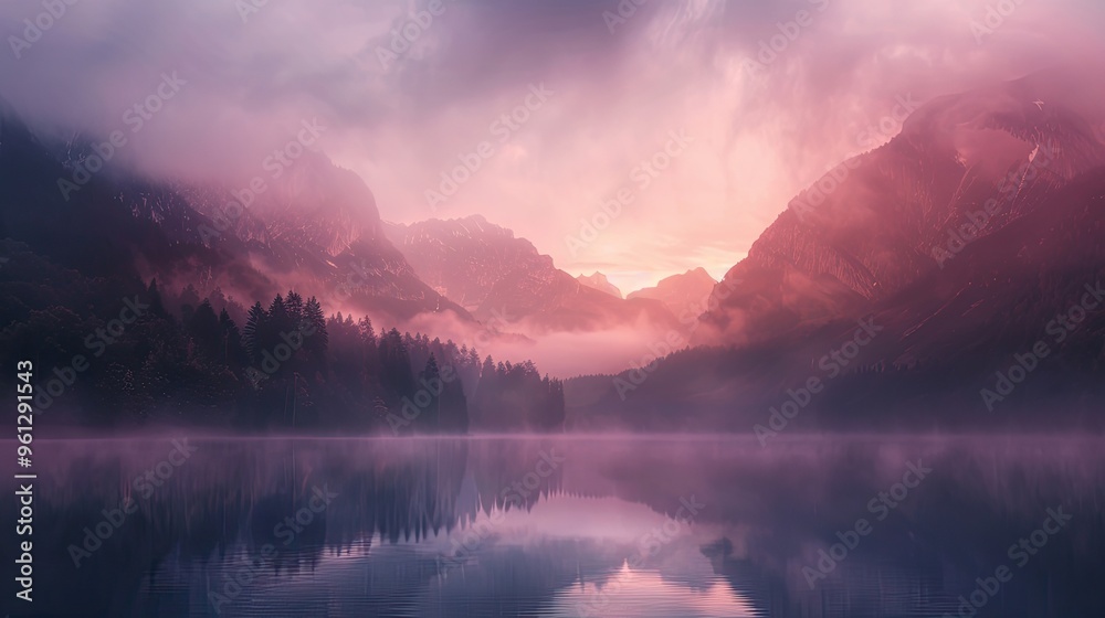 Fototapeta premium Backdrop featuring a misty lake at dawn with warm light and fog layers creating a serene ambiance