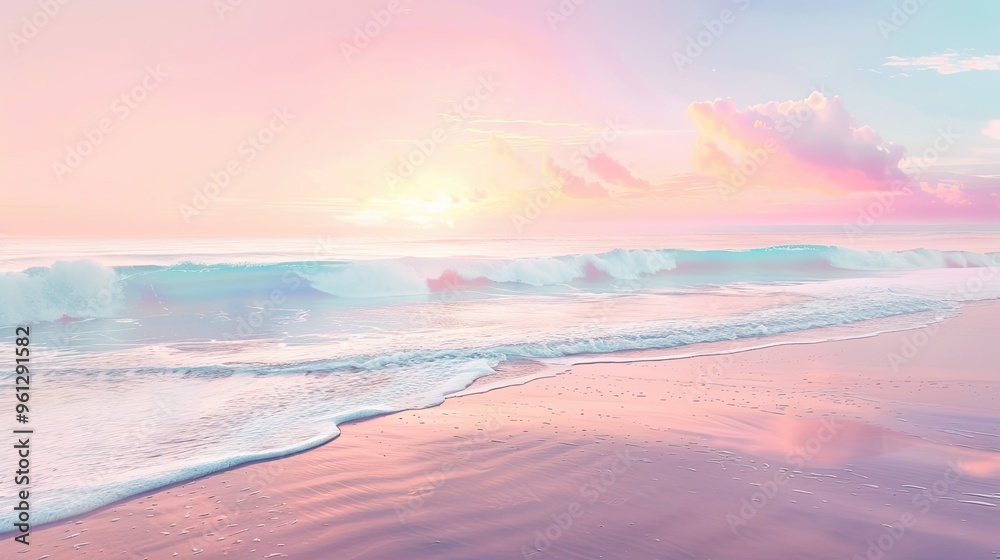 Background showcasing a secluded beach at dawn with pastel skies and gentle waves lapping at the shore Background showcasing a secluded beach at dawn with pastel skies and gentle waves lapping at the shore