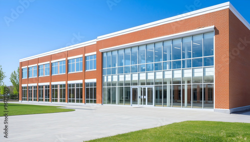 Modern School Building with Large Windows and Red Brick Exterior