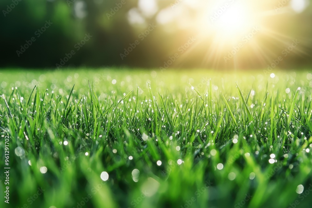 Morning Dew Shimmers on Lush Green Grass Under the Warm Glow of a Rising Sun, Nature Awaits Morning Dew Shimmers on Lush Green Grass Under the Warm Glow of a Rising Sun, Nature Awaits
