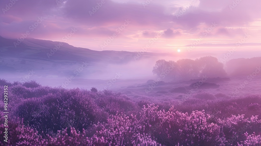 Fototapeta premium Background showcasing a misty moorland at dawn with rolling fog and purple heather illuminated by soft light