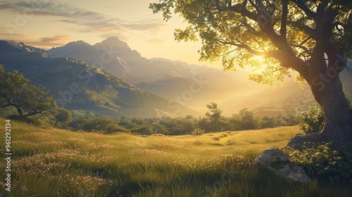 Backdrop of a tranquil mountain valley at sunrise with soft light textures in trees and grass photo