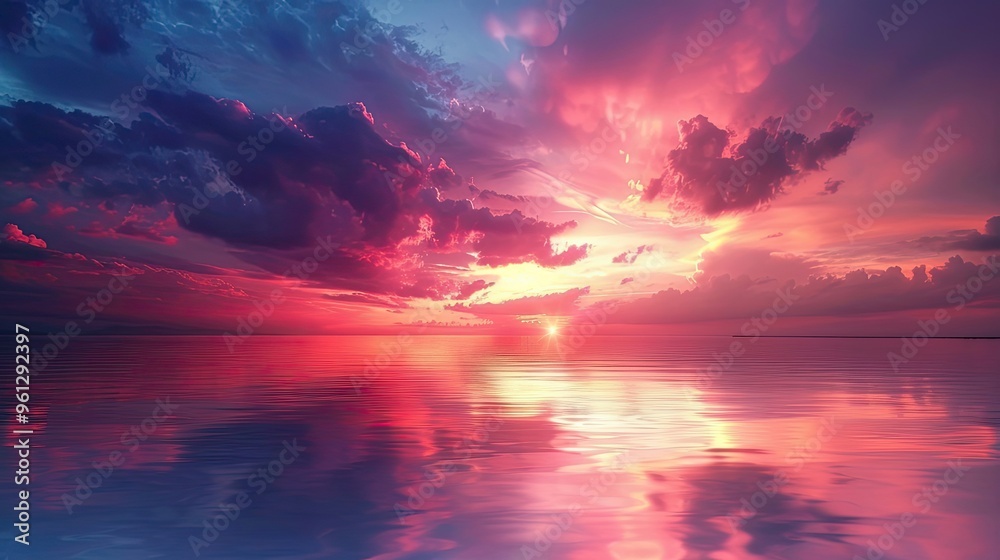 Background featuring a calm lake at sunset rich colors blending in the sky and soft reflections on the water Background featuring a calm lake at sunset rich colors blending in the sky and soft reflections on the water