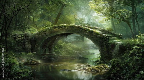 Background showcasing an ancient bridge over a stream with dense foliage and diffused light creating mystery