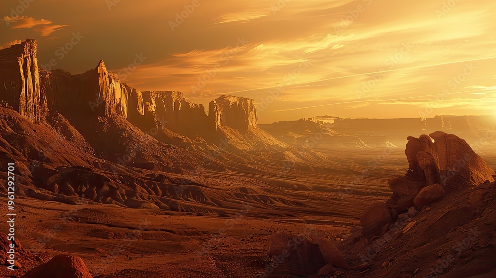 Wallpaper of a sunset desert scene with warm tones rugged rock formations and a glowing sky