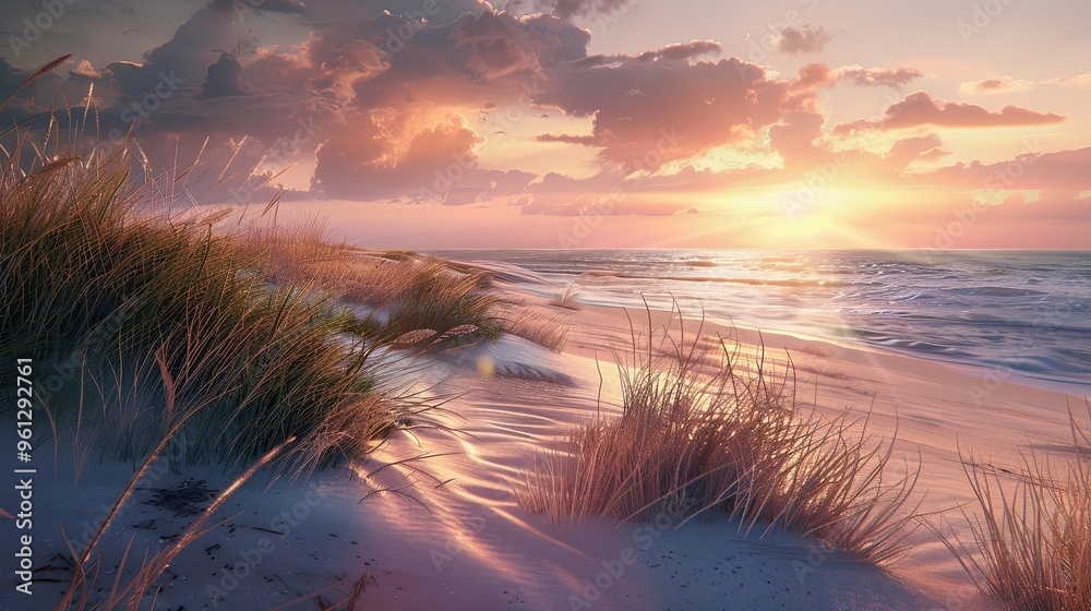 Backdrop showcasing a serene coastal scene at sunset with dunes grasses and light reflecting on waves Backdrop showcasing a serene coastal scene at sunset with dunes grasses and light reflecting on waves