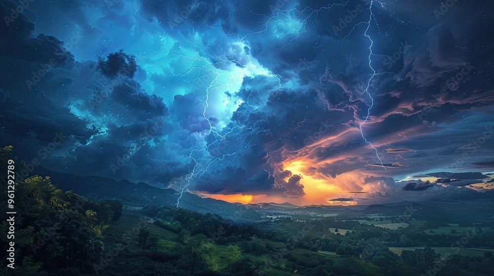 Backdrop featuring a thunderstorm over a lush valley with brooding clouds and lightning across the horizon Backdrop featuring a thunderstorm over a lush valley with brooding clouds and lightning across the horizon