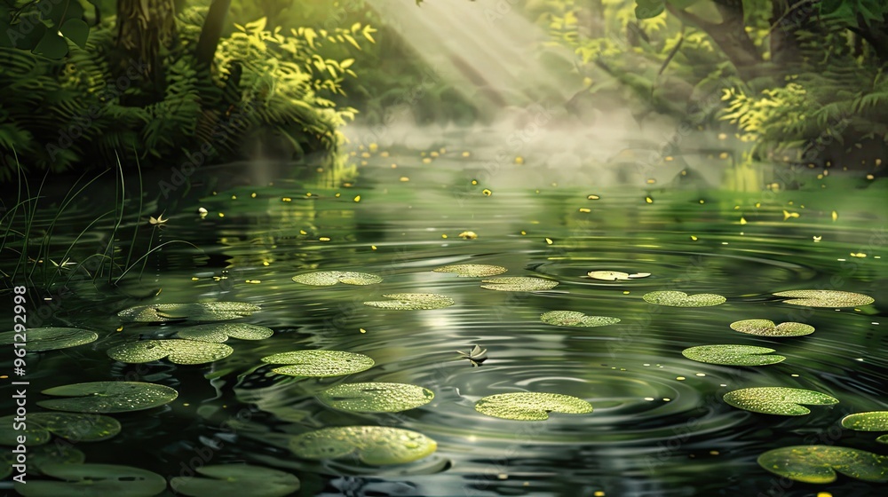 Wallpaper of a woodland pond with lily pads soft ambient light and gentle water ripples creating serenity Wallpaper of a woodland pond with lily pads soft ambient light and gentle water ripples creating serenity