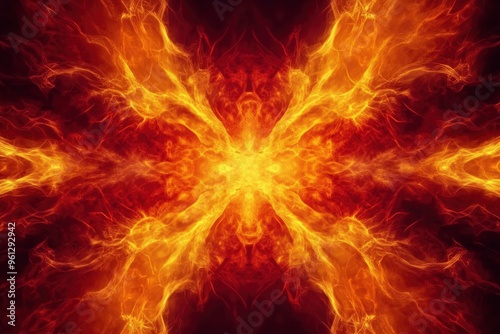 Dramatic fire and smoke effect glowing red and yellow colors exploding outwards with center space. Vivid and hot hell abstract or blazing fire background or wallpaper, ai