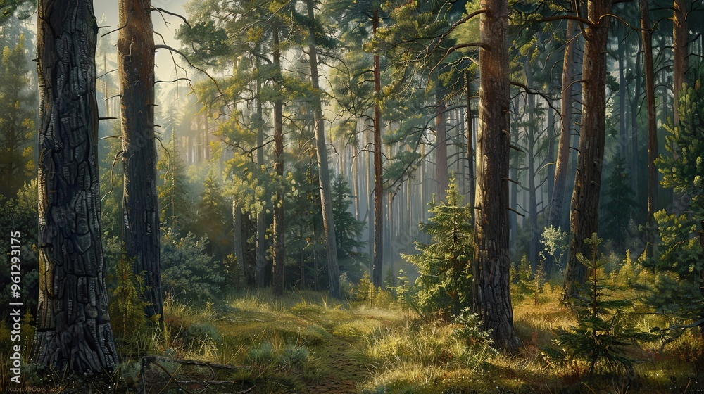Background featuring a serene forest with towering pines intricate bark and soft light filtering through the canopy Background featuring a serene forest with towering pines intricate bark and soft light filtering through the canopy