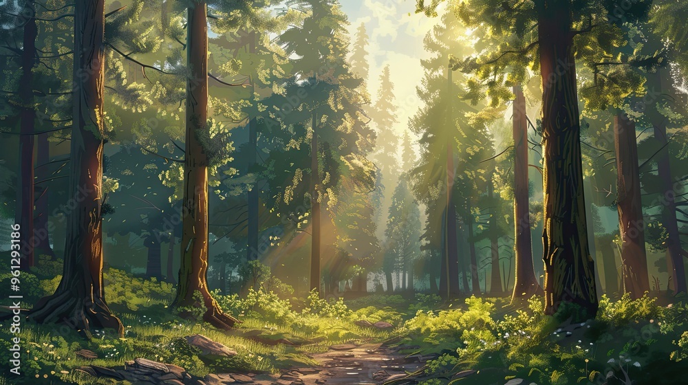Obraz premium Backdrop showcasing a tranquil forest of towering pines detailed bark and soft sunlight creating calm