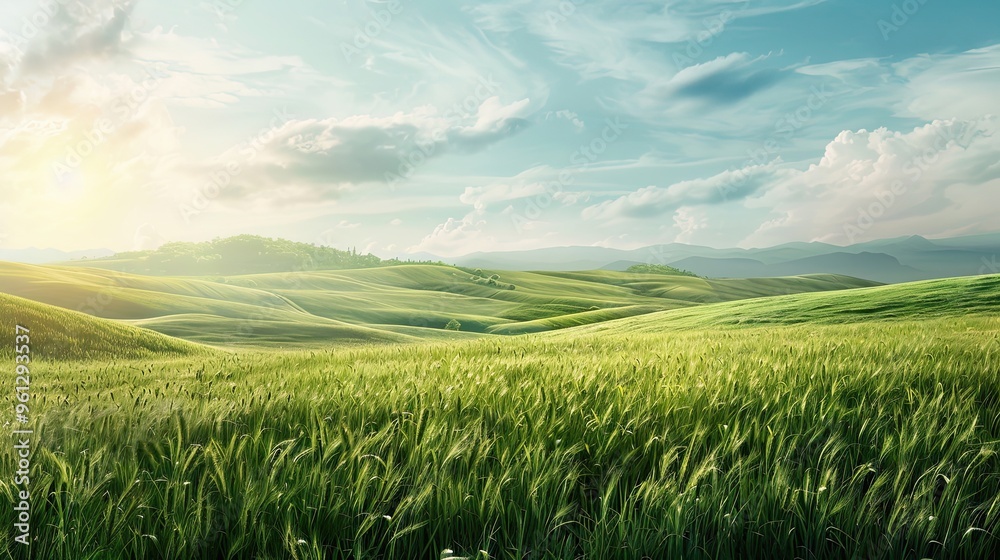 Obraz premium Peaceful rural scene with rolling hills under a bright blue sky background