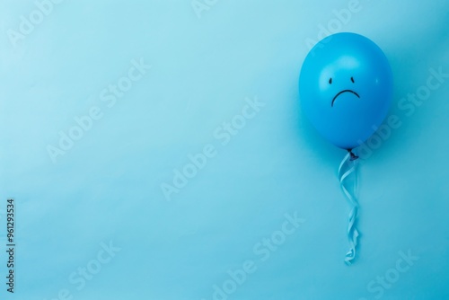 A lonely blue balloon with a sad face floats against a soft blue backdrop, capturing the essence of melancholy on a dreary day photo