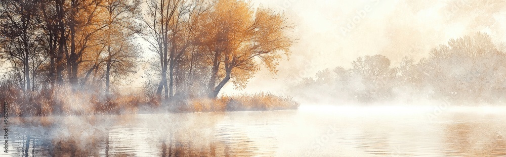 Serene Autumn Landscape: Misty Reflections on Tranquil Waters