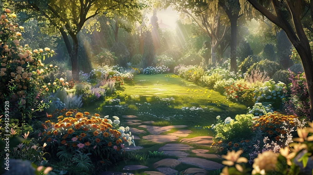 Spring garden scene with flower beds and soft dappled light filtering through trees Spring garden scene with flower beds and soft dappled light filtering through trees
