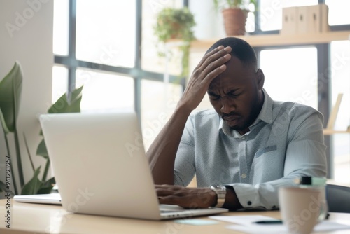 A stressed businessman in a modern office struggles with challenges at work while working on his laptop during a busy day