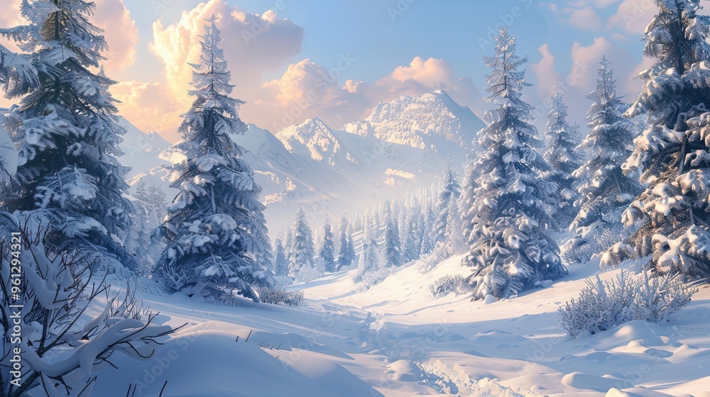 Obraz premium Winter landscape wallpaper with snow-covered pines and a pale blue sky