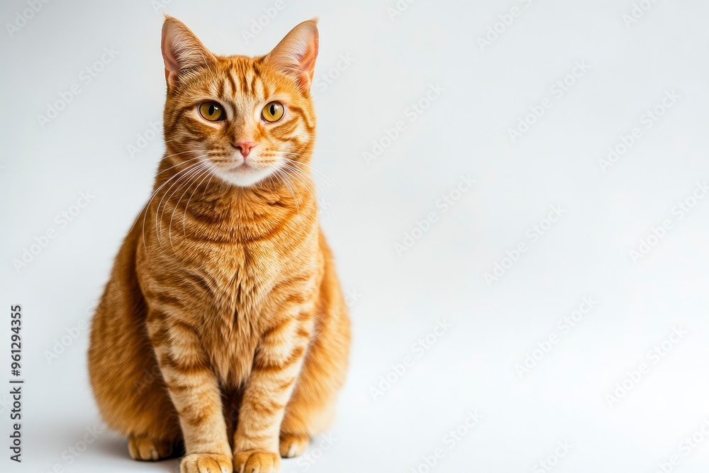 A cat with orange fur is sitting on a white background. The cat has a curious expression on its face , ai A cat with orange fur is sitting on a white background. The cat has a curious expression on its face , ai