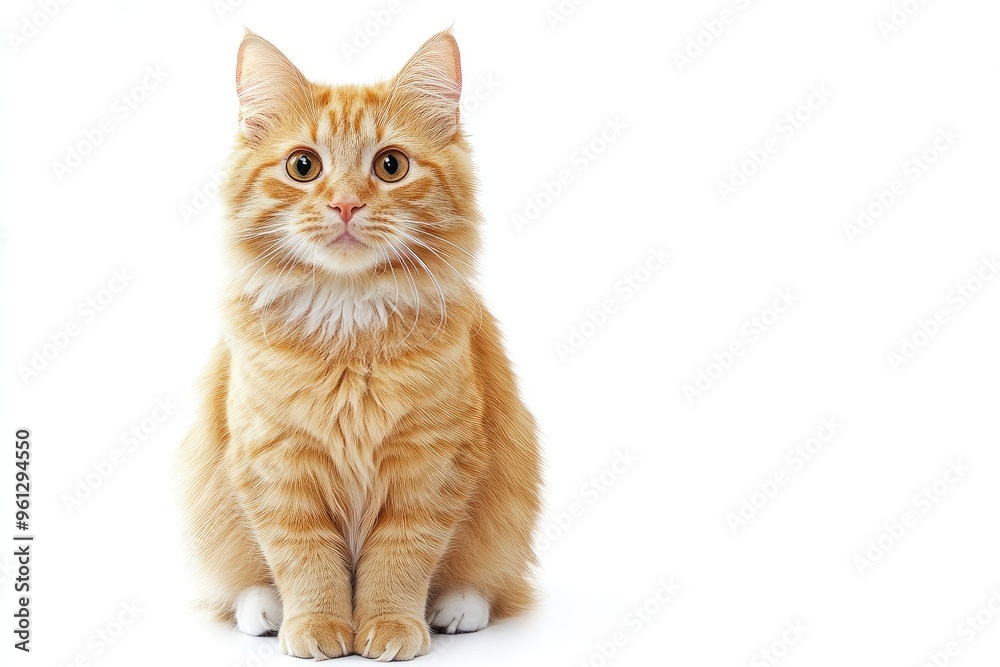 Obraz premium A cat with orange fur is sitting on a white background. The cat has a curious expression on its face , ai