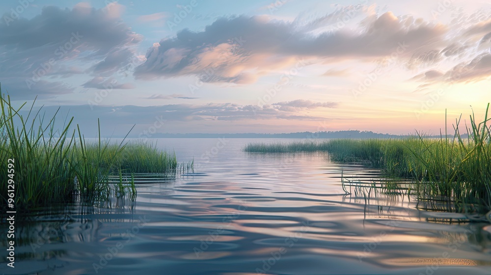 Wallpaper of a twilight marshland scene with tall grasses and a glowing horizon Wallpaper of a twilight marshland scene with tall grasses and a glowing horizon