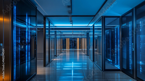 A photo of a data center building with glass windows and lights