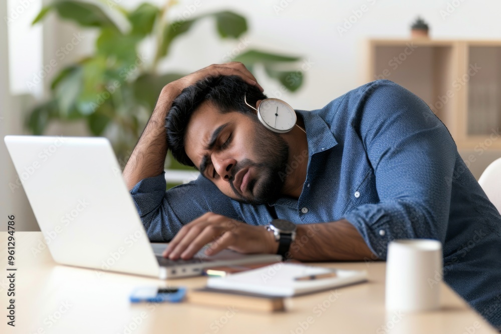 Exhausted office worker struggling with fatigue at his desk while trying to focus on a laptop in a bright workspace Exhausted office worker struggling with fatigue at his desk while trying to focus on a laptop in a bright workspace