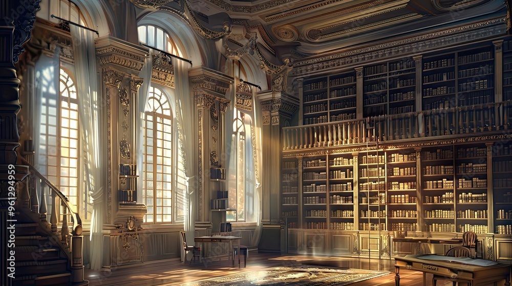 Fototapeta premium Neo-Classical library interior with tall shelves ornate woodwork and soft window light