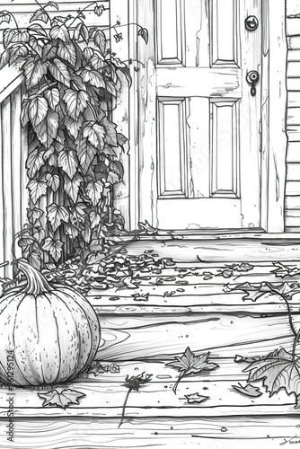 black-and-white pumpkin illustration on porch with autumn leaves, coloring page