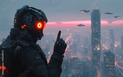 Cybernetic warrior with glowing eyes, giving a twofinger salute, standing on the edge of a futuristic city, with towering skyscrapers and flying vehicles photo