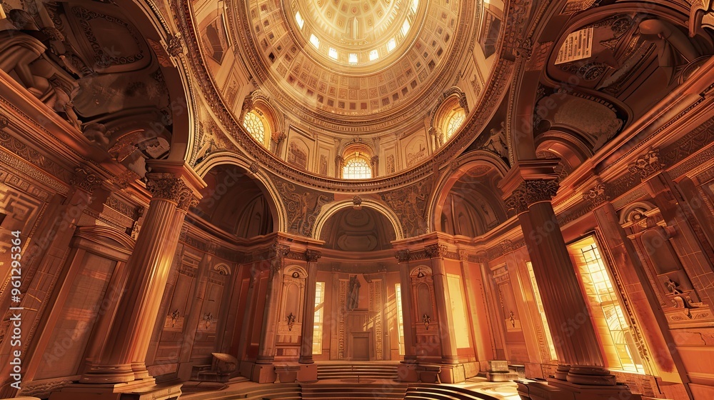 Background of a grand rotunda with a detailed dome frescoes and soft ambient light Background of a grand rotunda with a detailed dome frescoes and soft ambient light