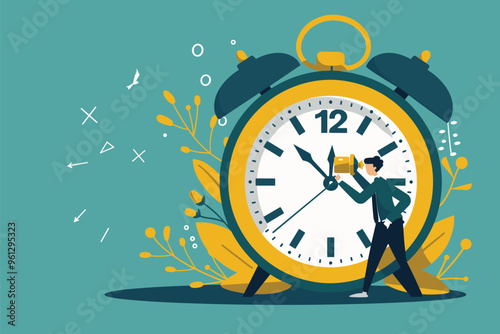 Businessman Ringing Alarm Bell in Front of Big Clock, Symbolizing Deadline Pressure and Time Management