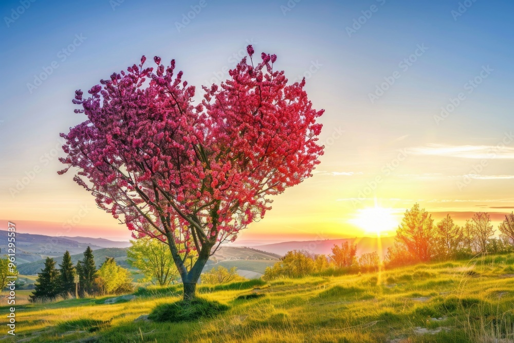 A stunning heart-shaped tree in vibrant bloom at sunset with flowers, creating a romantic spring landscape perfect for love A stunning heart-shaped tree in vibrant bloom at sunset with flowers, creating a romantic spring landscape perfect for love