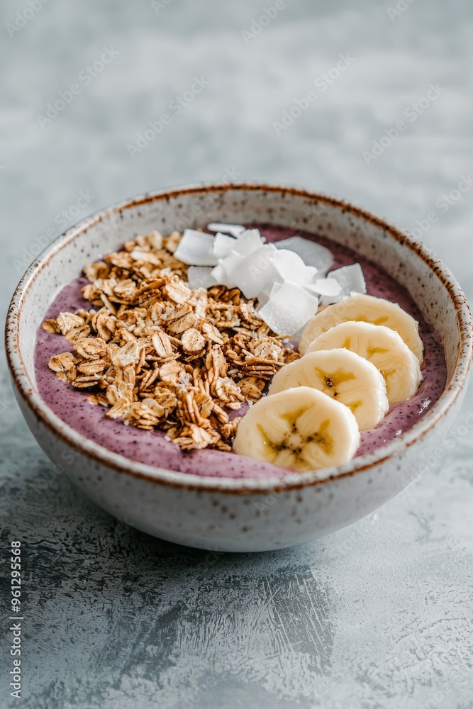 A vibrant acai bowl topped with granola, coconut flakes, and sliced bananas, photographed in soft morning light A vibrant acai bowl topped with granola, coconut flakes, and sliced bananas, photographed in soft morning light