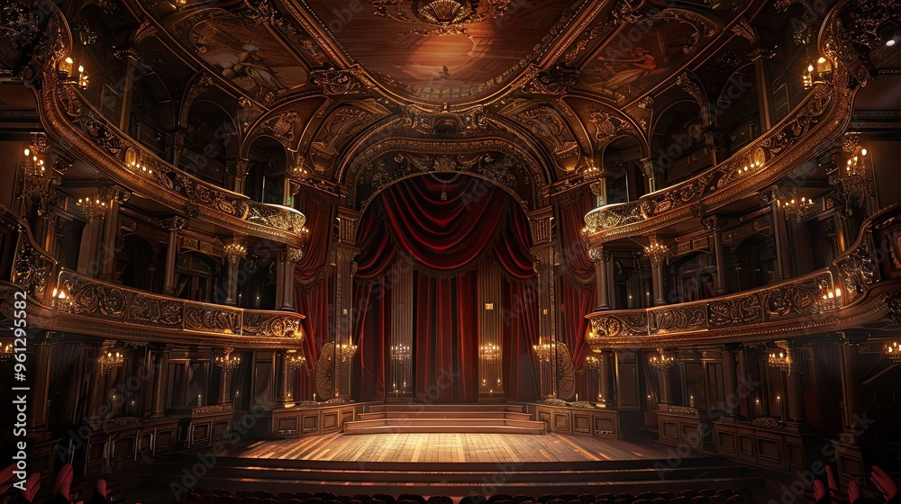 Fototapeta premium Backdrop of a theater with detailed balconies ceiling moldings and warm stage lighting
