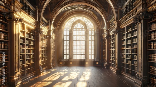 Ancient library with arched windows detailed wood paneling and soft diffused light photo